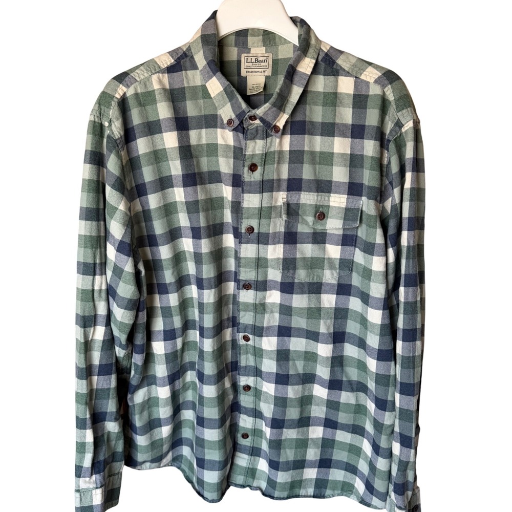 L.L. Bean Flannel Shirt Green Blue Plaid Traditional Fit, XL-Reg